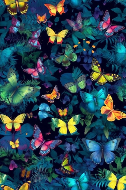 A colorful butterfly wallpaper that is a dark background with a black background and a green leaf.