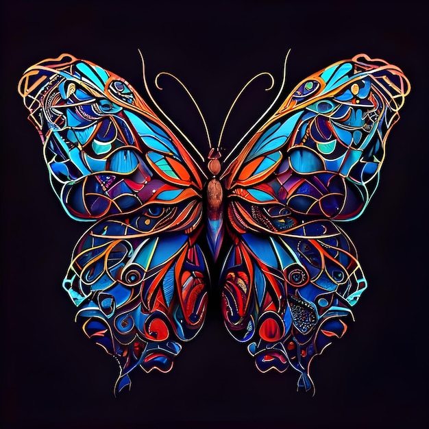 A colorful butterfly with a black background and the word butterfly on it.