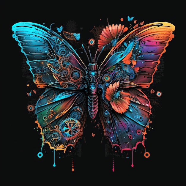 A colorful butterfly with a black background and the words butterfly on it.