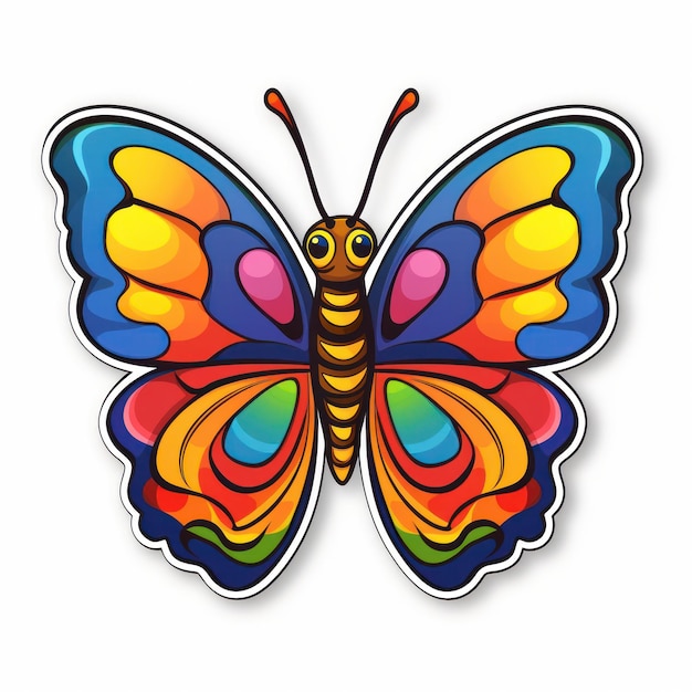 A colorful butterfly with a black outline on a white background