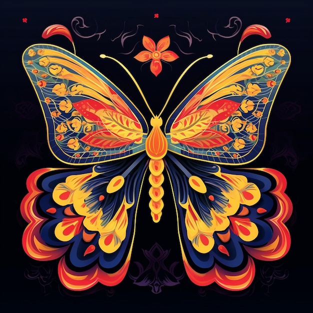 a colorful butterfly with a colorful design on the back.