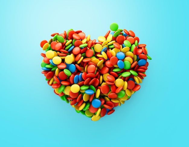 Colorful button candies heart shape on Blue background Top view 3d illustration