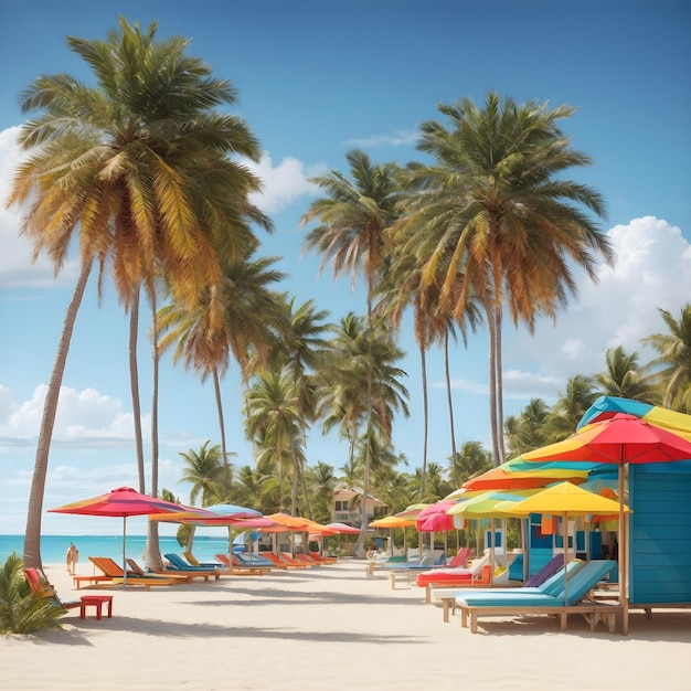 Colorful Cabanas and Towering Palms by the Beach