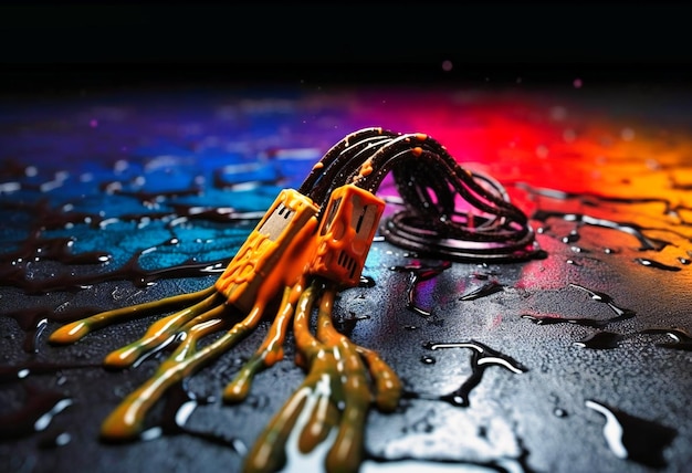 Colorful cables with drops in the background