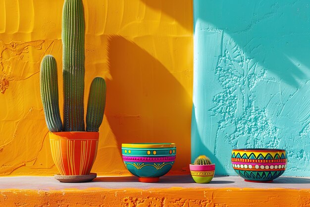 Colorful cacti and pots against a vibrant yellow and blue wall