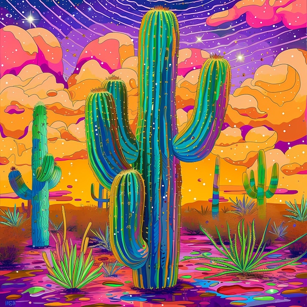 Colorful cactus art painting ilustration generated ai