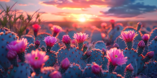 Colorful cactus flowers at sunset in rural Texas landscape Concept Nature Photography Texas Landscapes Sunset Scenes Cactus Blooms Colorful Flowers