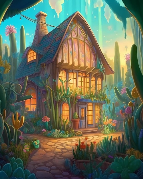 colorful cactus house art painting generated ai