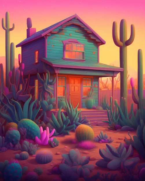 colorful cactus house art painting generated ai