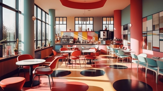 A colorful cafeteria with a black and yellow floor and a colorful floor.