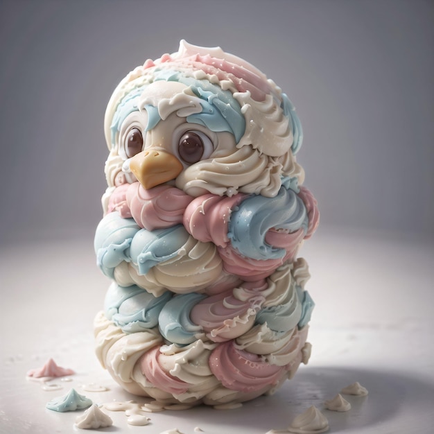 A colorful cake sculpture of a bird made of icing and a feather.