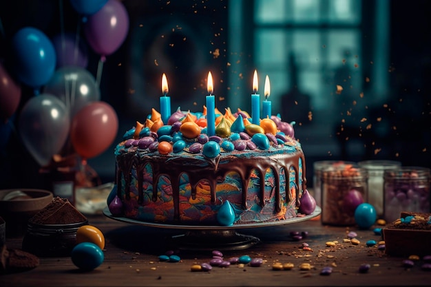 Foto torta colorata con candele ia generativa