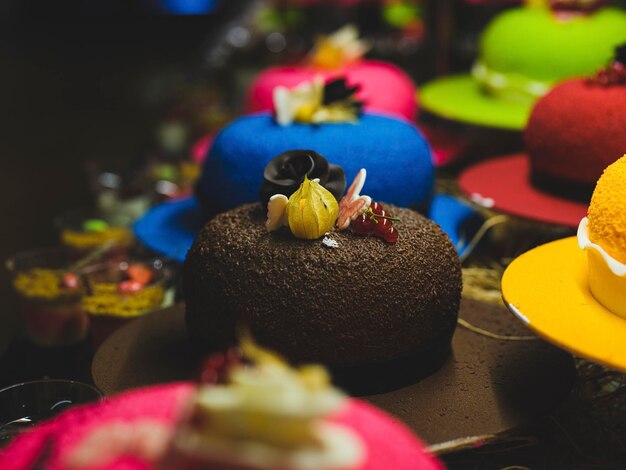 Colorful cakes at a hotel buffet