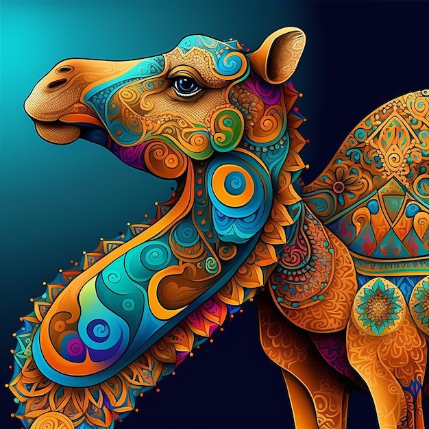 A colorful camel with a pattern of different colors.