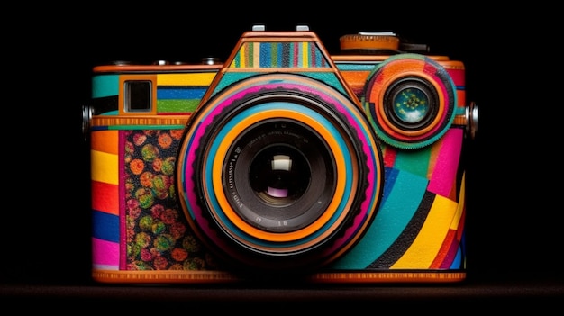 A colorful camera with a black background and the word camera on it.