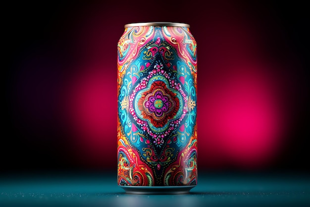 A colorful can on a table