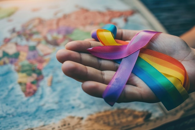 Colorful cancer ribbon holding world map for World Cancer Day