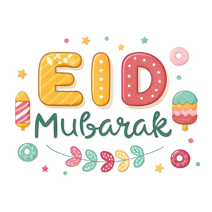 Photo colorful candies arranged to spell quoteid mubarakquot on a white background