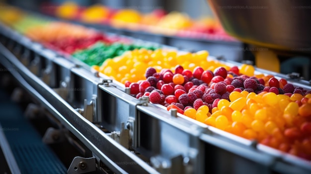공장 근접 사진 에서 컨베이어 벨트 에 있는 다채로운 사탕 들