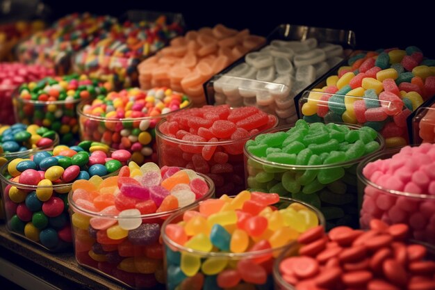 Photo colorful candies filling a display case creating a tempting array of sweet treats