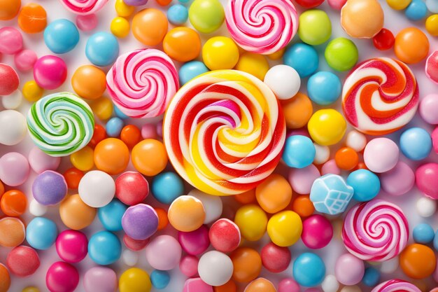 Colorful candies and lollipops on blue background top view