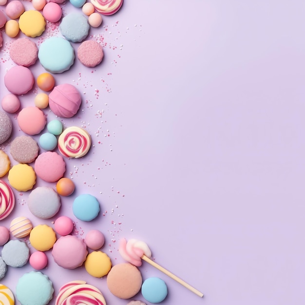 Colorful candies and lollipops on a purple background