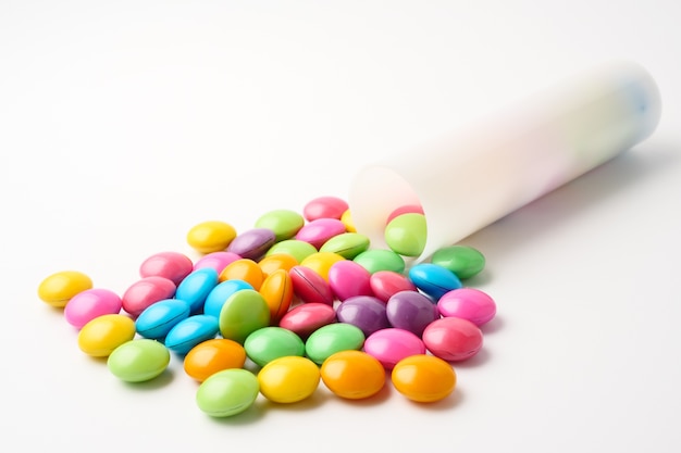 Colorful candies on a white background.