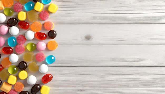 Colorful candies on wooden background Top view Copy space