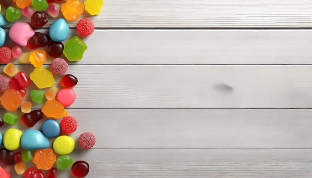 Colorful candies on wooden background top view copy space