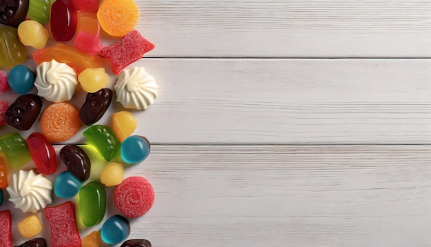 Colorful candies on wooden background top view copy space