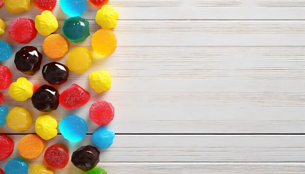 Colorful candies on wooden background top view copy space