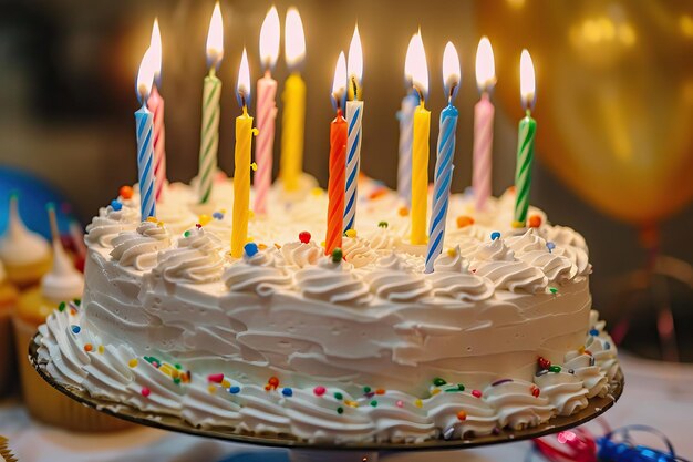 Colorful candle birthday cake at party