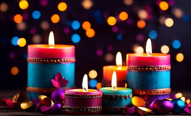 Colorful candles and bokeh lights on background Holidays concept