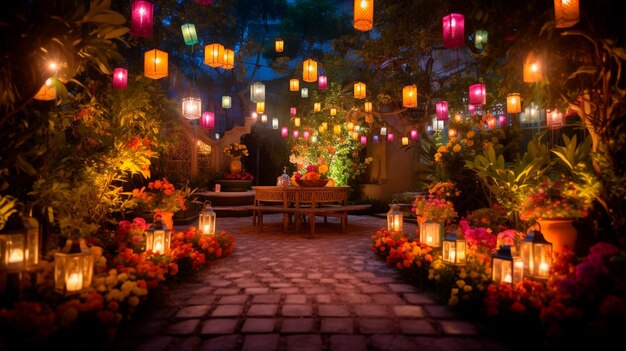 colorful candles and flowers at night