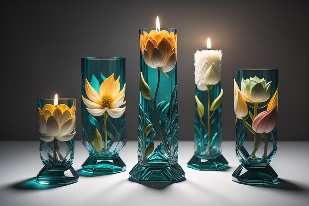 Colorful candles in glass on wooden table closeup ai generative