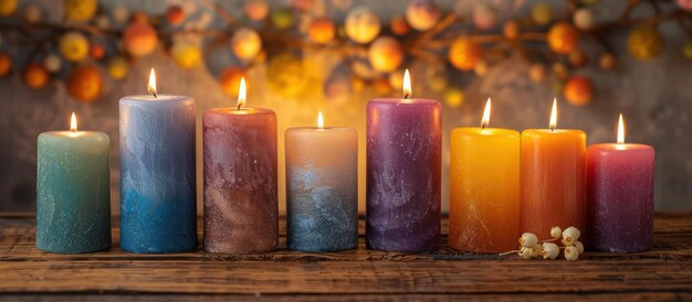 Colorful Candles on Wooden Table