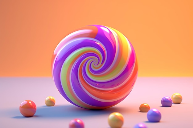 A colorful candy ball sits on a table with a few small balls on it.