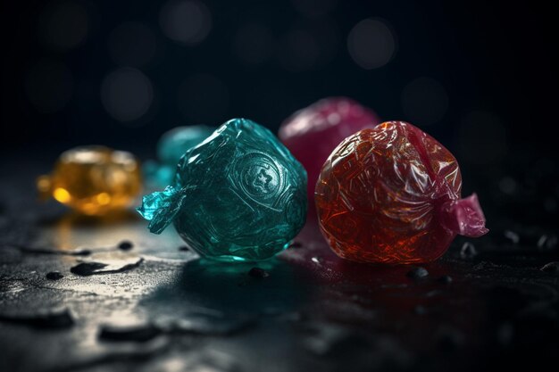 Красочные конфеты на черном фоне с каплями воды на земле