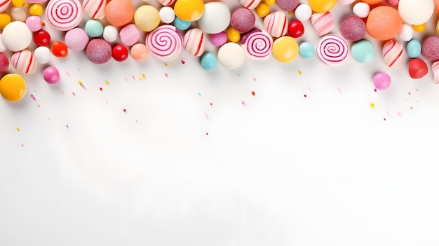 Photo colorful candy border on white background