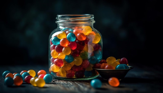 Colorful candy bowl with sweet treats fruits and chocolate indulgence generated by artificial intelligence