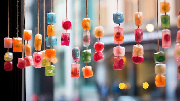 Colorful candy decorations strung in a window