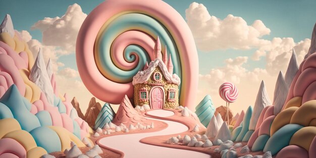 A colorful candy house with a pink roof and a rainbow on the bottom.