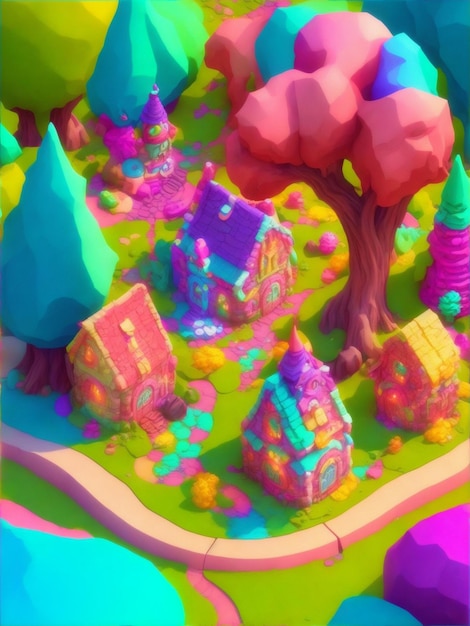 A colorful candy land with houses and trees by Generative AI