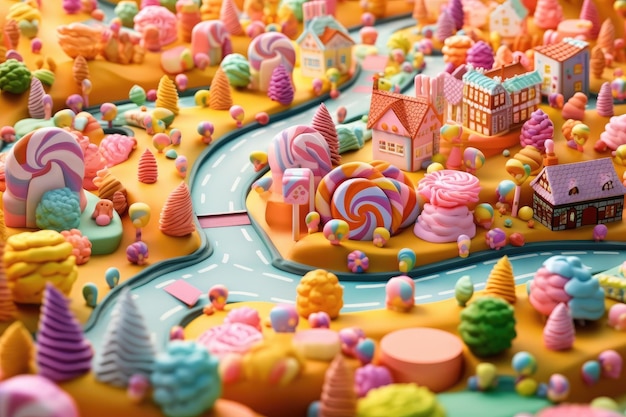 a colorful candy land with houses and trees