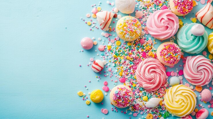 Photo colorful candy and meringues on light blue background