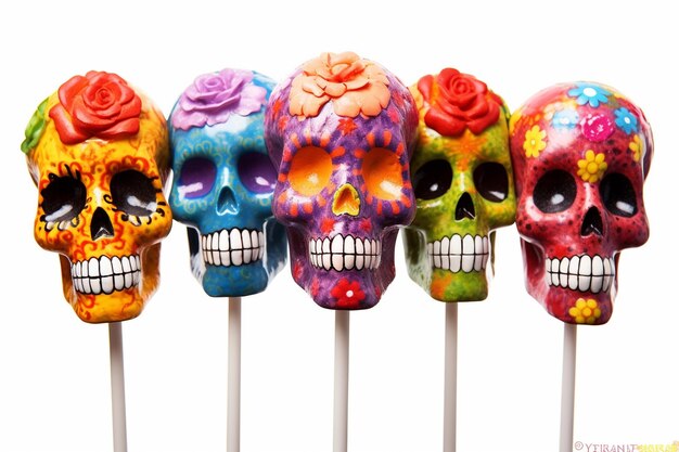 Colorful candy sugar skulls with flowers generative ai High quality illustration