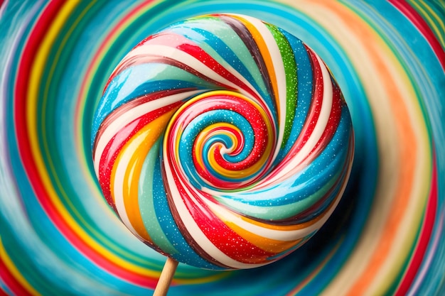 Colorful candy swirl background. Glossy mixed paint.Close up view with depth of field. Generative AI