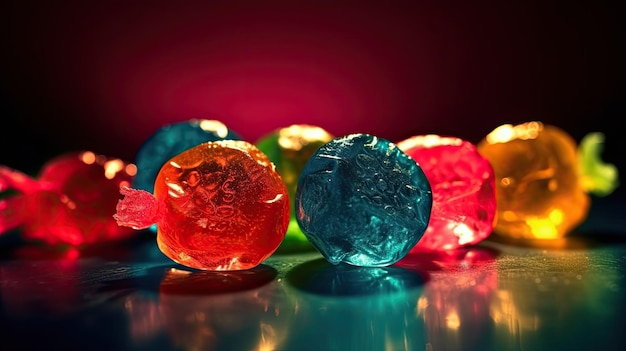 Colorful candy on a table with a red background