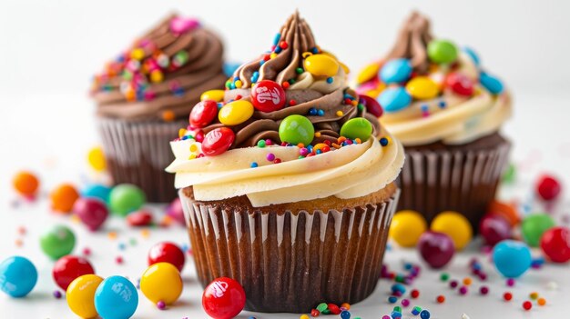 Colorful candytopped cupcakes against a white backdrop