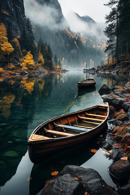 Фото Красочные каноэ, пришвартованные в воде рядом с видом на горы